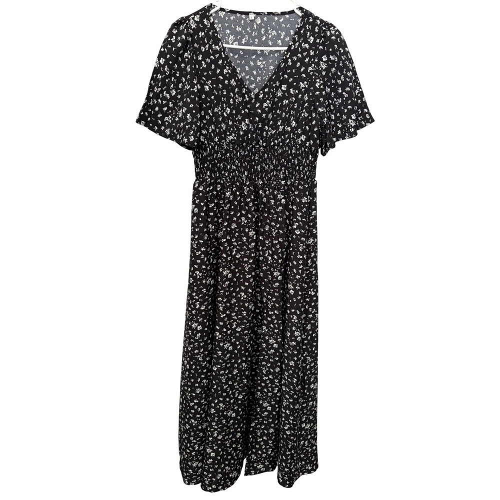 Kohl's Black Short Sleeved Floral Print Maxi Dress Smocked Waist Women's S NWOT